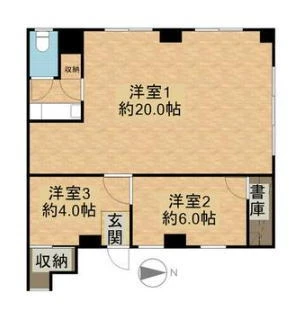 二日町T1548-2の掲載元間取り図。洋室3室、収納、浴室等の配置